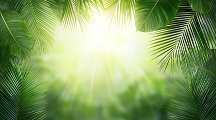 Fototapeta premium Vibrant green palm leaves frame a bright light source, creating a refreshing and serene atmosphere
