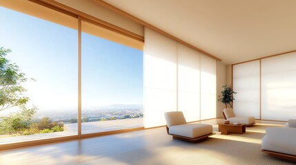 Fototapeta premium A modern, minimalist interior featuring large windows that offer a breathtaking view of the landscape, inviting natural light into the spacious room, creating a serene environment.