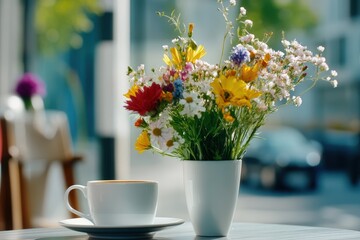 A vibrant wildflower bouquet sits next to a cup of tea on a sunlit outdoor cafe table. Soft-focus flowers in the background enhance the serene atmosphere as Women&rsquo;s Day is observed
