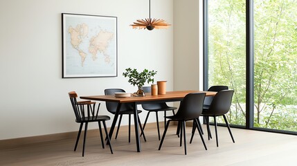 Fototapeta premium Modern dining room with a wooden table, black chairs, and a warm atmosphere. A large window showcases greenery, creating an inviting space for dining or gatherings.