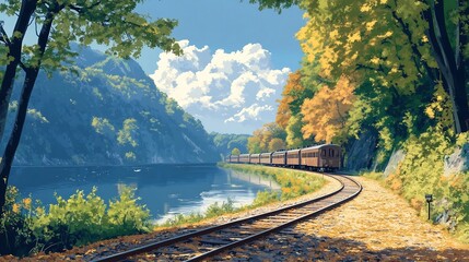 Fototapeta premium Breathtaking Autumn Landscape with Train Traversing Scenic Mountain Lake