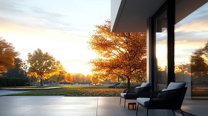 Fototapeta premium Modern architectural design featuring sleek outdoor seating on a patio with beautiful sunset views and colorful autumn foliage in the background.