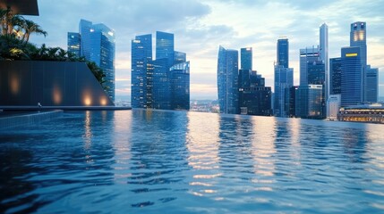 Fototapeta premium City skyline with modern architecture reflecting in water at dusk over a rooftop infinity pool in an urban setting