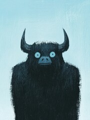 Mysterious black creature with prominent horns and blue eyes against a light background