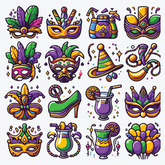 Bundle of eleven mardi gras carnival celebration set icons stock illustration