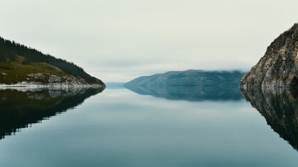 A reflective fjord winds through cliffs and forests, under calm skies, evoking solitude and the majesty of untouched nature.