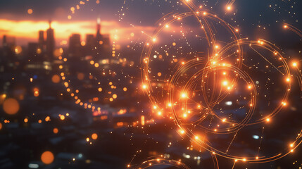 Fototapeta premium Smart digital Innovation city with connection network reciprocity over the twilight cityscape. of future smart wireless digital city and social media networking systems that connects people with city