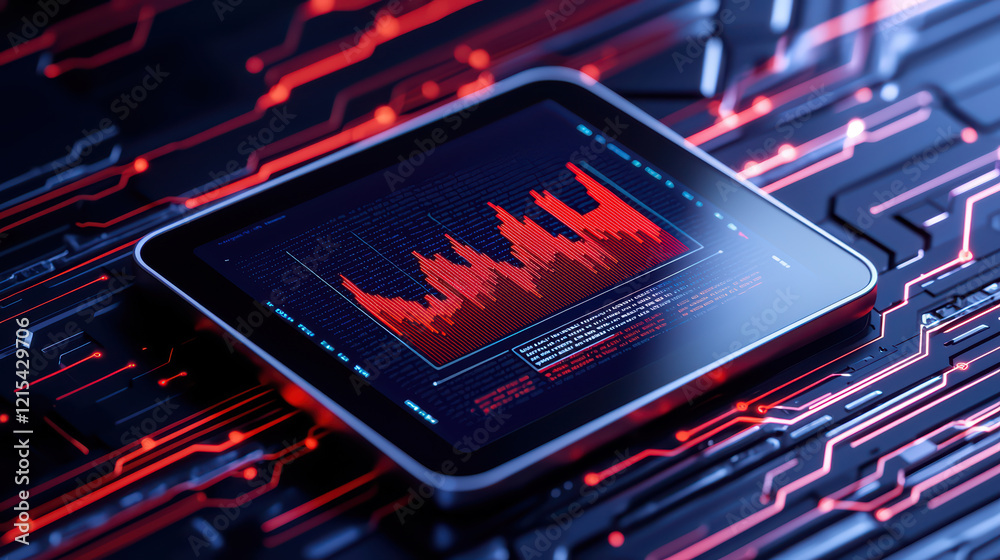 Poster high tech tablet displaying dynamic data visualization on circuit board