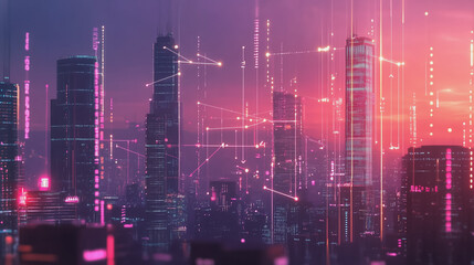 Fototapeta premium Smart digital Innovation city with connection network reciprocity over the twilight cityscape. of future smart wireless digital city and social media networking systems that connects people with city