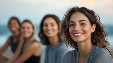 Fototapeta premium A group of friends enjoying a sunny day by the beach with smiles and laughter, embodying joy and connection through shared moments in a picturesque outdoor setting.