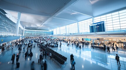A busy modern airport terminal filled with travelers, showcasing vibrant activity and spacious architecture, illuminated by large windows allowing natural light.