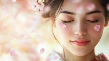 Fototapeta premium 桜の花びらを髪にまとい静かに目を閉じる着物姿の女性