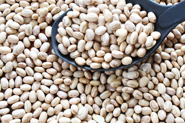 Carioca beans in a black spoon. Brazilian grains.