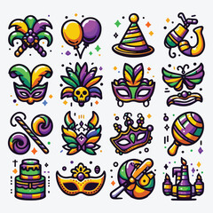 Bundle of eleven mardi gras carnival celebration set icons stock illustration