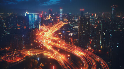 Fototapeta premium Smart digital Innovation city with connection network reciprocity over the twilight cityscape. of future smart wireless digital city and social media networking systems that connects people with city