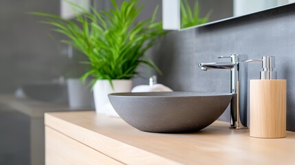 Fototapeta premium Bathroom sink with a grey bowl and a wooden soap dispenser