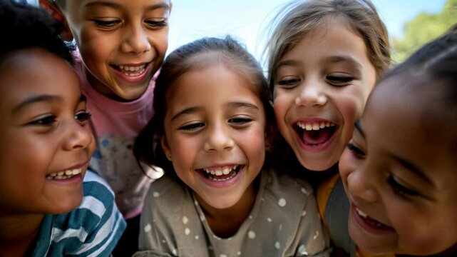Group of diverse cheerful fun happy multiethnic children outdoors at the schoolyard	
