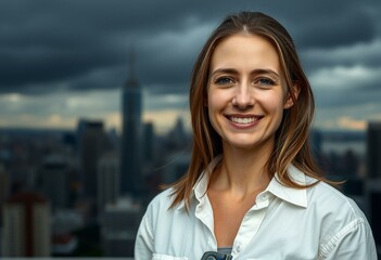 Fototapeta premium A woman standing in front of a cityscape with a dark and gloomy sky, dressed in a simple white shirt and jeans, with a subtle expression of sadness in her eyes.