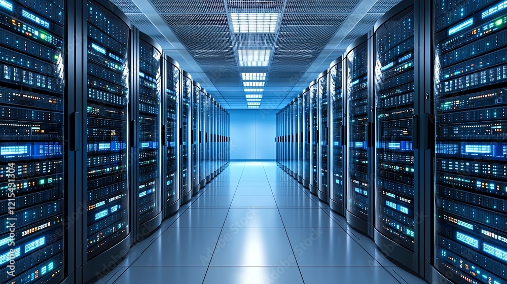 Poster a modern data center showcasing rows of server racks illuminated by blue lights, reflecting a clean 
