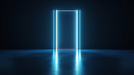 An illuminated doorway with glowing blue neon lights standing in a dark space, symbolizing opportunities and new beginnings.