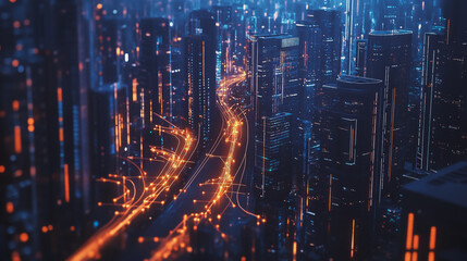 Fototapeta premium Smart digital Innovation city with connection network reciprocity over the twilight cityscape. of future smart wireless digital city and social media networking systems that connects people with city