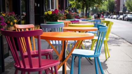 Brightly painted tables and chairs line a sun-drenched sidewalk, inviting passersby to enjoy a lively and colorful street caf&eacute; setting.