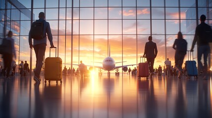 Silhouetted travelers with luggage in an airport terminal at sunset, showcasing a vibrant sky and airplane behind large glass windows, representing the journey and adventure of tra