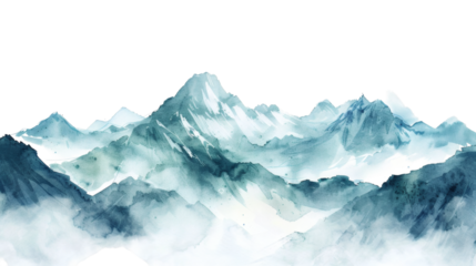 Winter mountain landscape with soft watercolor tones isolated on a white background