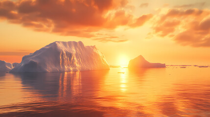 Serene sunset over iceberg in a tranquil ocean simulating a continent generative ai image. Arctic Glow. Illustration