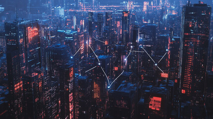 Smart digital Innovation city with connection network reciprocity over the twilight cityscape. of future smart wireless digital city and social media networking systems that connects people with city