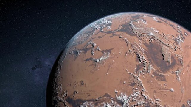 Mars Planetary Surface, Craters, Plains, Olympus Mons, Valles Marineris, Polar Ice Cap, Phobos, Deimos - Educational/Informative Digital Rendering