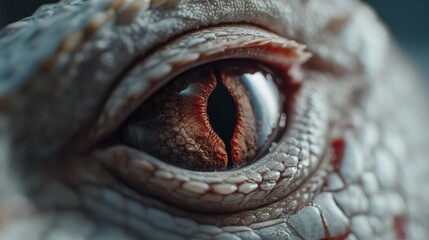 Naklejka premium A reptilian eye stares intensely, revealing intricate scales and a captivating, primal gaze, emphasizing raw, untamed beauty and detailed textures.