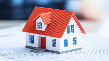 model house on blueprints symbolizes home buying and real estate