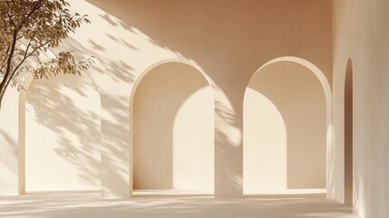 Serene Beige Architecture: Sunlit Arches and Tranquil Shadows