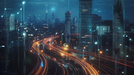 Naklejka premium Smart digital Innovation city with connection network reciprocity over the twilight cityscape. of future smart wireless digital city and social media networking systems that connects people with city