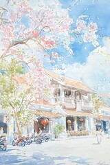 Serene Asian Street Scene with Blossoming Trees and Traditional Architecture