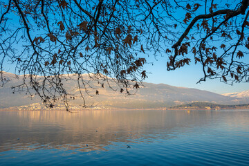 Ioannina Lake in Greece Seen Through Winter Branches. Reflective waters