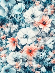 Colorful floral arrangement with blue and white flowers in a vibrant botanical setting