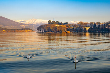 Two graceful white swans swimming in the lake of Ioannina, Greece. Snow covered mountains in the background and the minaret of Aslan Pasha Mosque.