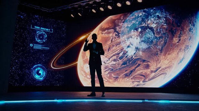 Person Demonstrating Concept on Interactive Mars Display Screen, Indoor Venue for Space Exploration Event