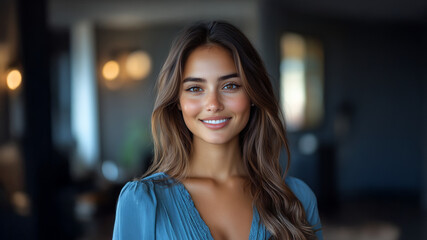 Portret kobiety, atrakcyjna bizneswoman około trzydziestki stoi na korytarzu firmy, redakcji, korporacji. Tło jest rozmyte, dużo przestrzeni w kt&oacute;rej można umieścić napisy, grafika pod baner.