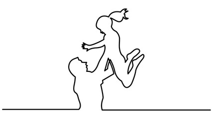 Fototapeta premium Father and daughter together Continuous One Line Drawing, father holds his little daughter by the hands. Family illustration. Father's Day one line drawing of father playing with a child.