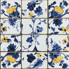Tile with a blue and yellow flower pattern
