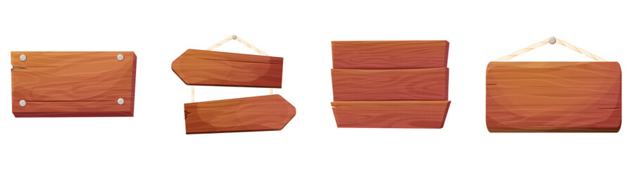 Wood plank hanging signboard frame wooden texture game signpost, farm garden or jungle pointing panel. Set menu ui design. Outdoor empty textured arrow