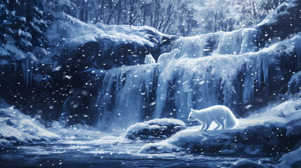 A wondrous winter scene of arctic foxes playing near a snowy waterfall, digital illustration of nature concept. Arctic Glow. Illustration