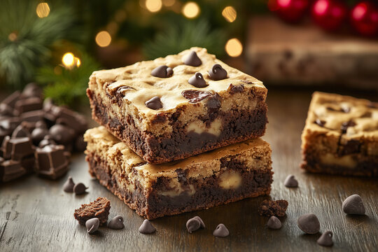 Indulgent chocolate chip brookies stacked on a rustic wooden table
