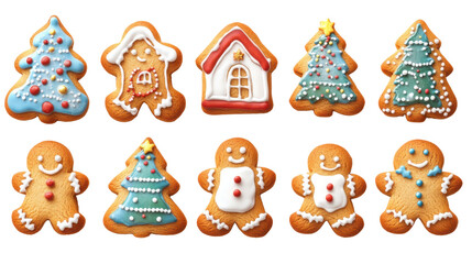 christmas gingerbread cookies and tree icons isolated on white background 