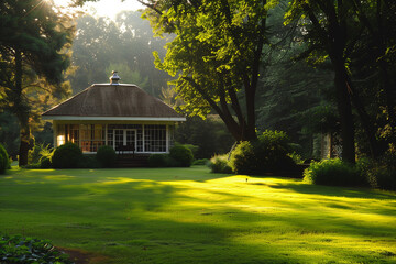 Small Cottage in a Peaceful Garden at Sunrise