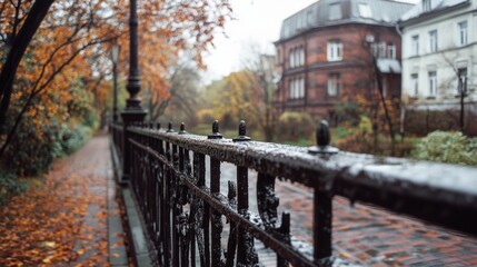Fototapeta premium A quiet street lined with autumnal leaves, wet railings glistening under a soft gray sky, hints at a serene and contemplative morning.