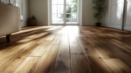 Sunlight streams across hardwood floor in bright living room
